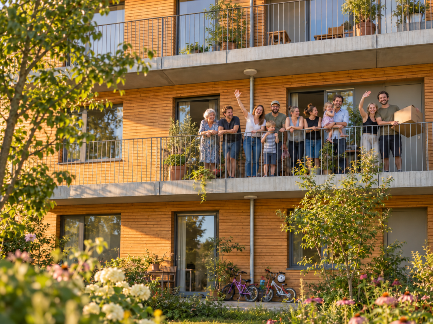 Nachbarn winken vom Balkon eines Genossenschaftshauses mit Holzfassade